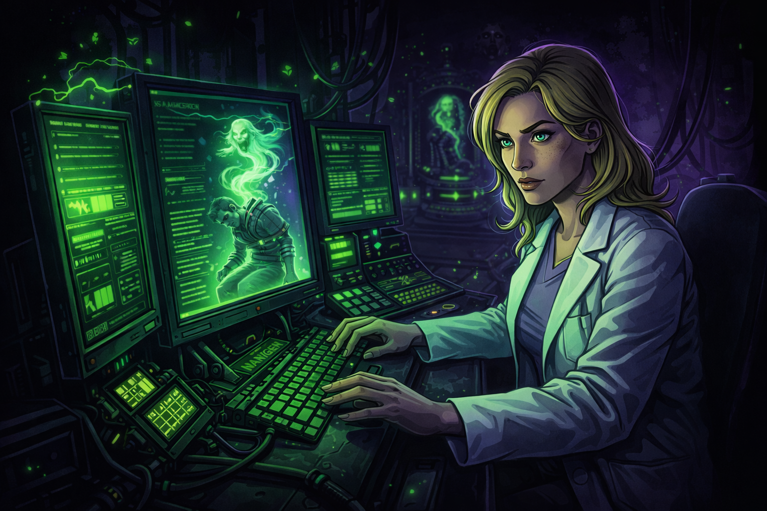 Blonde young woman in lab coat.