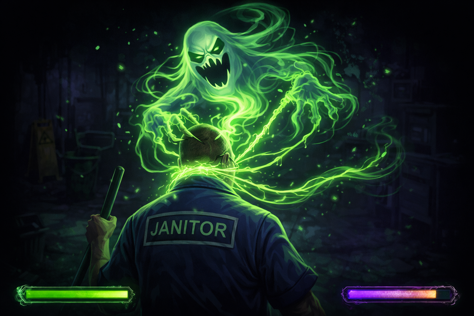 Janitor with a soul floating above him representing possesion.