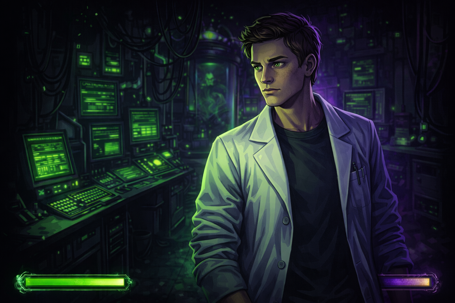Brown haired young man in lab coat.