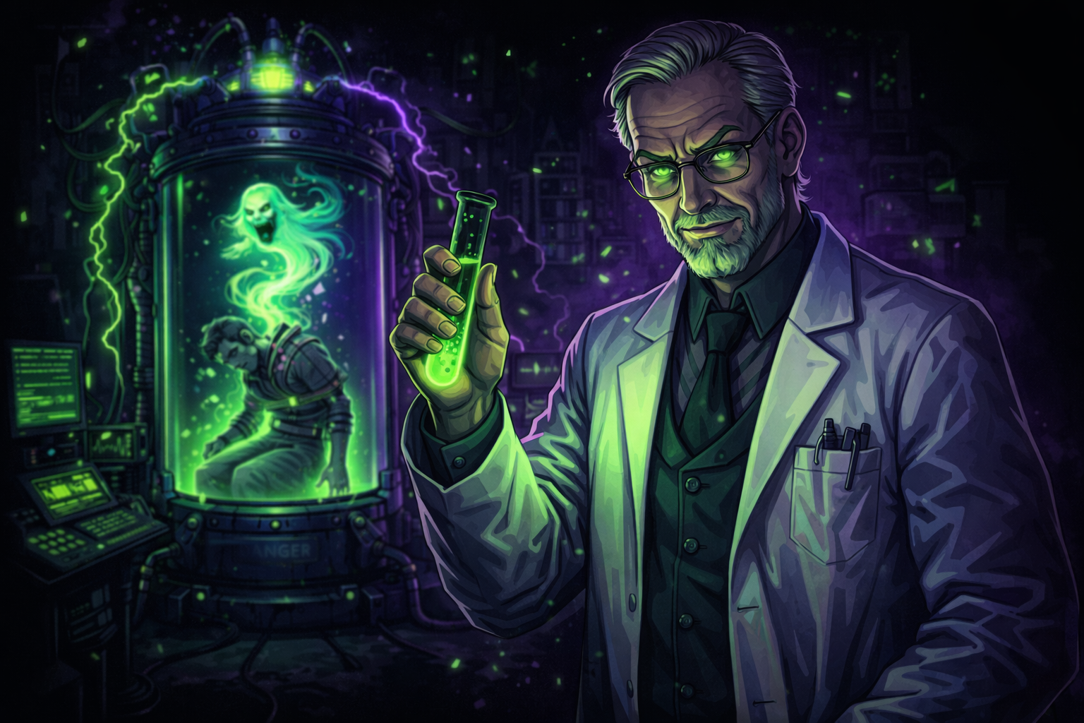 Older gray haired man in lab coat.